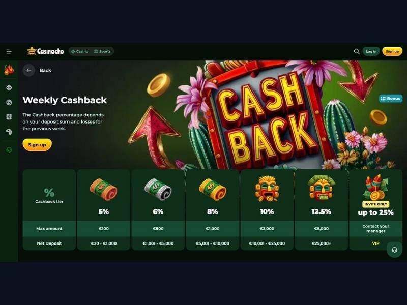 Cashback settimanale Casinacho Casino Nacho Casino per l'Italia — denaro reale senza requisiti